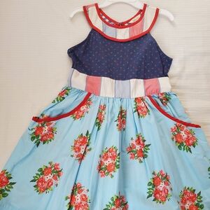 Matilda Jane Blue Floral Pocket Dress with Red Accents